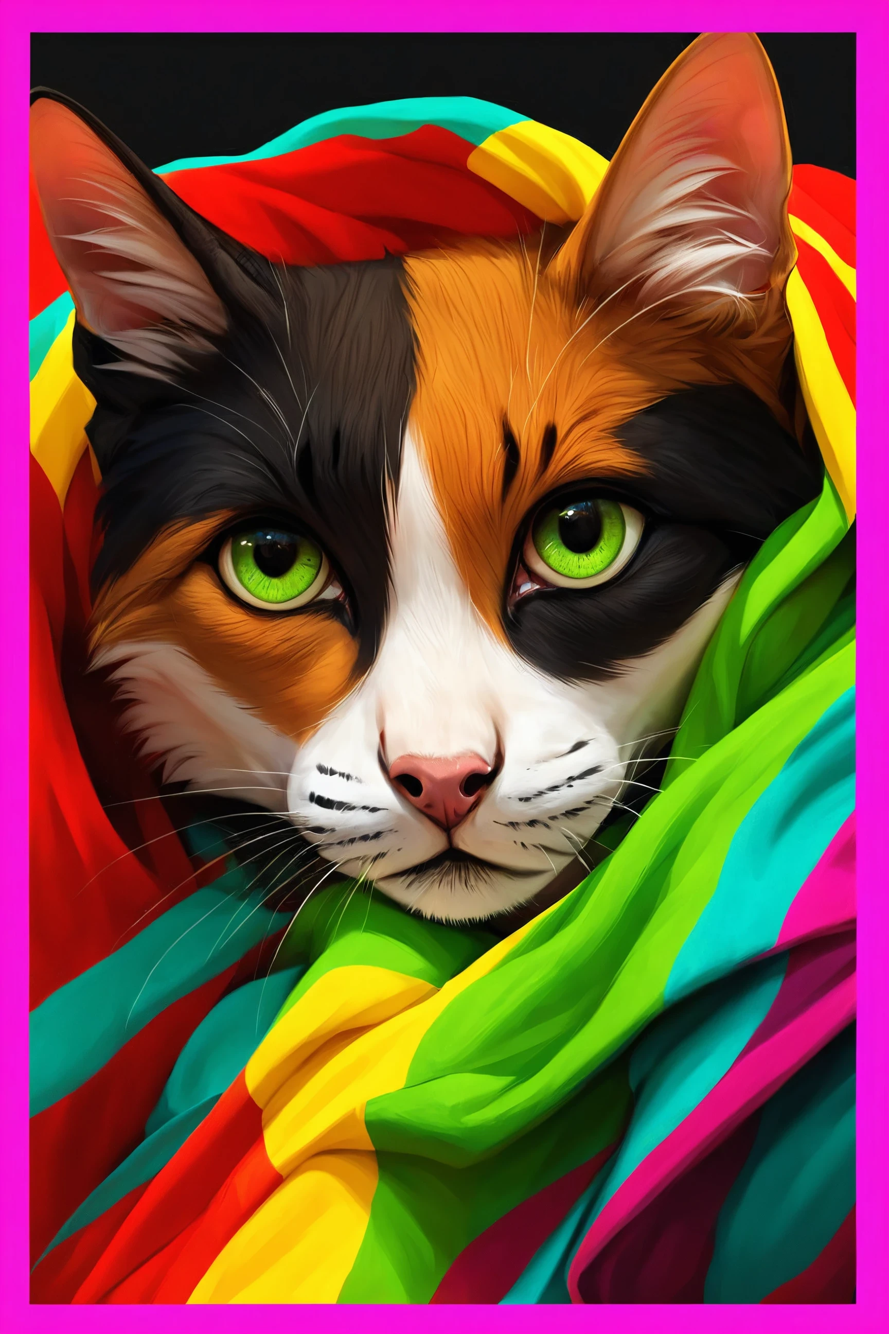 frame, <lora:frame_decoration:1>,
fighting game style score_9, score_8_up, score_7_up, score_6_up, vibrant, source_photo, realistic, a calico cat, with its orange, black, and white fur, is curled up under a vibrant, multicolored blanket. the blanket features hues of yellow, green, blue, and purple, creating a cozy atmosphere. the cat's eyes are closed, suggesting it might be taking a nap or enjoying the warmth of the blanket., colorful city background . one on one combat, combo moves, diverse character roster