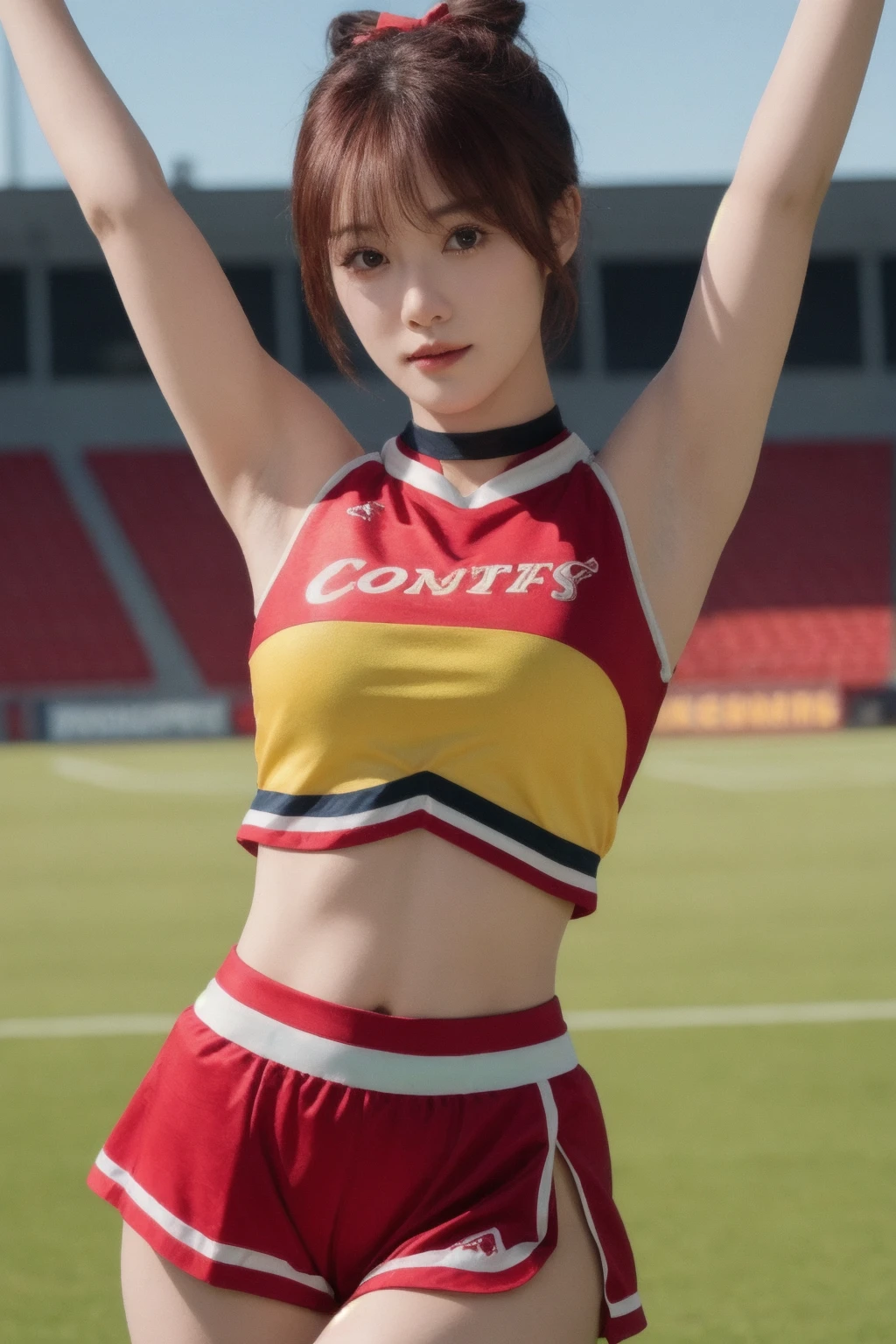 masterpiece, high quality,1girl, cheerleader, soccer field, cowboy shot, cameltoe, thigh gap, skin tight, thigh strap, black choker, armpits, 
<lora:ip-adapter-faceid-plusv2_sd15_lora:0.65>  <lora:xiaoyu_v1:0.45>