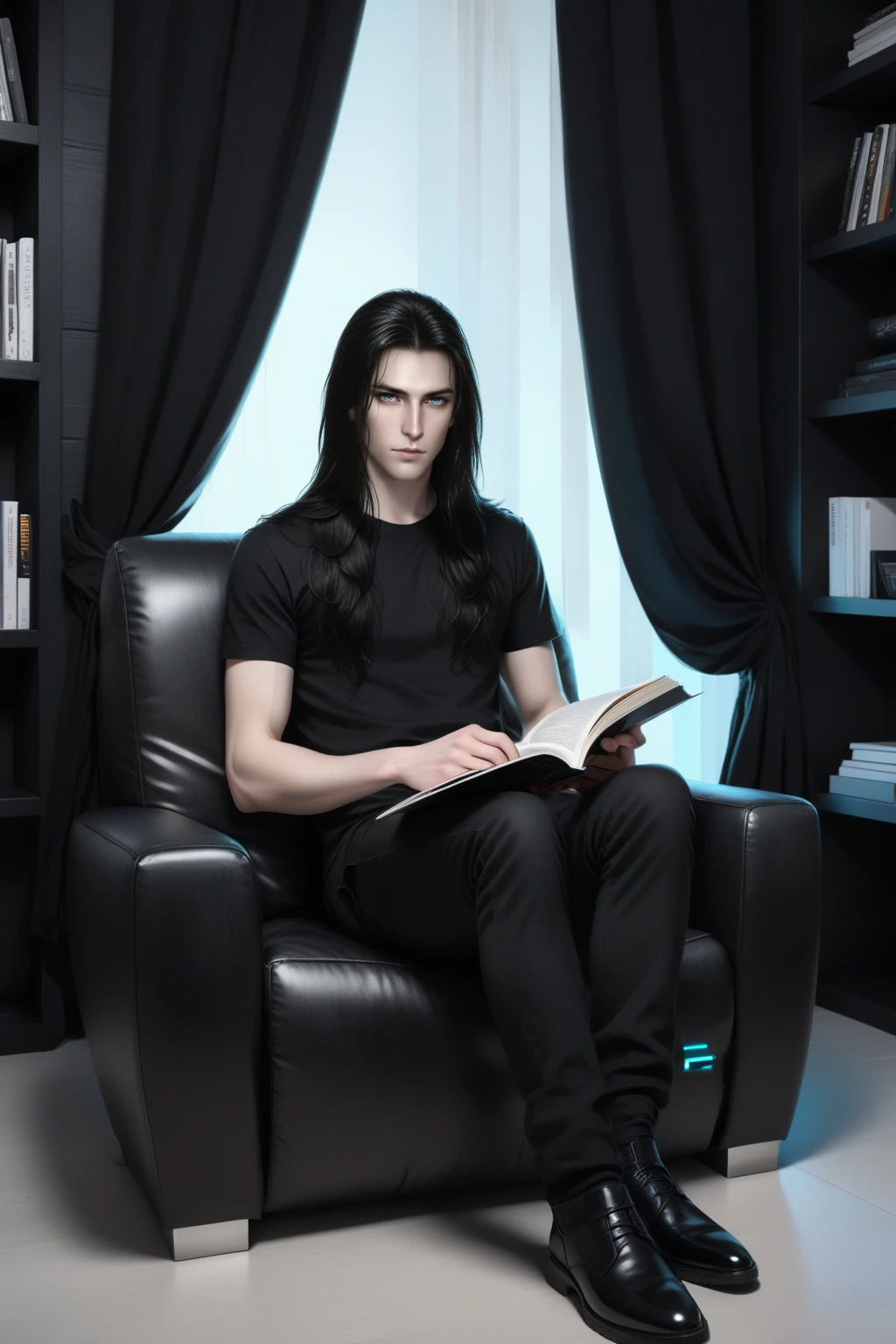 male, black long hair, black eyes, pale skin, clothes in black shirt, sitting on the sofa, full body, looking down,  reading a book, realistic, room futuristic interior background  <lora:IVO XL:0.8> ivo