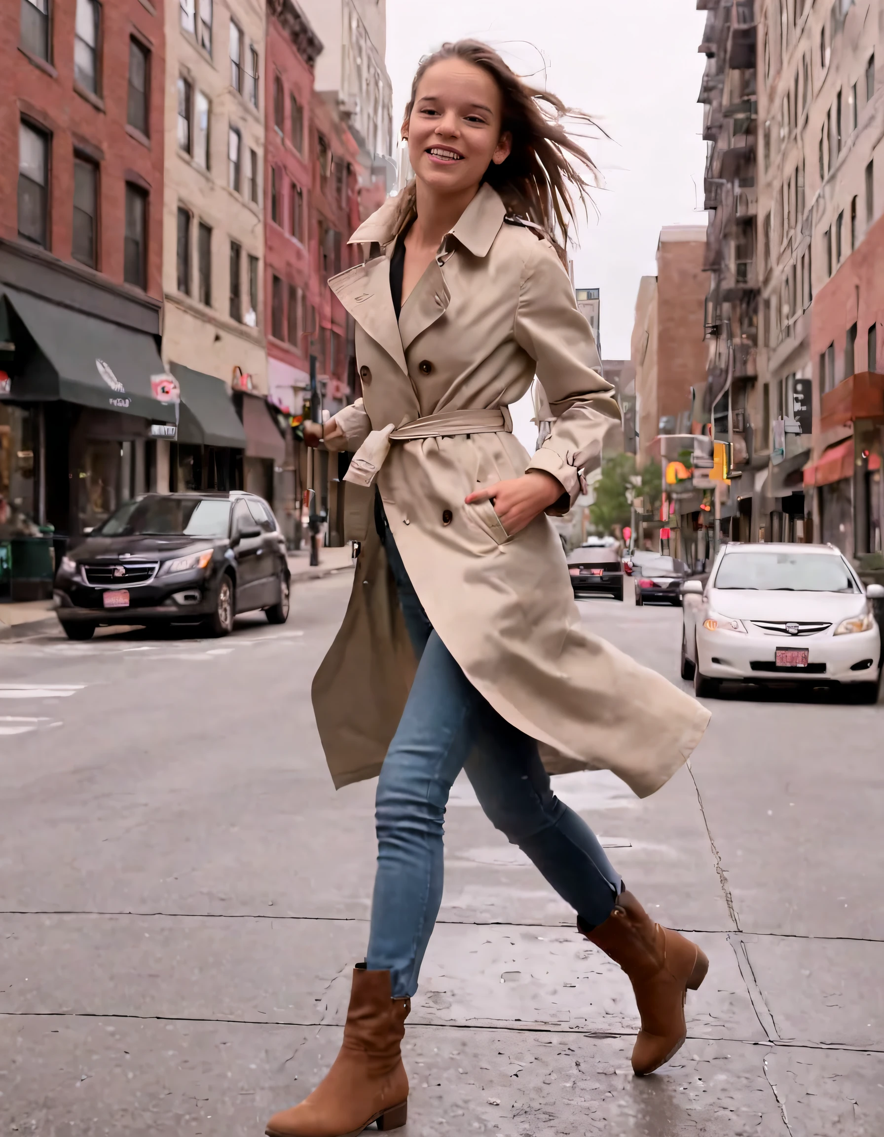 Camille Smith, the spontaneous woman clad in a chic trench coat, skinny jeans and trendy boots, confidently strolled solo through a vibrant urban city with her camera following her every move, capturing each graceful pose as she embraced the city's energetic rhythm, exuding a carefree attitude that effortlessly encapsulated her free spirit. <lora:vrwows18f90657046l6da:1>