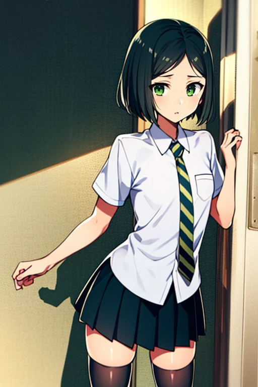 masterpiece, 
solo, front view, 
1girl, standing, looking_at_viewer, 
<lora:woman_of_el-melloi_v3:1>, woem, waver velvet, bangs, black hair, bob cut, genderswap, genderswap (mtf), green eyes, short hair, parted bangs, school uniform, necktie, skirt, pleated skirt, shoes, socks, thighhighs, zettai ryouiki,