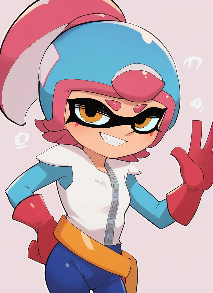 <lora:tukada_style:1>,tukada_style , by tukada , splatoon ,, score_9, score_8_up, score_7_up, BREAK, 1girl, YOUNG, <lora:brawlstars_janet_ponyXL:1.0> ,bsjanet, ponytail , helmet, multicolored clothes, blue leotard, long sleeves, red gloves, belt , SMILE ,