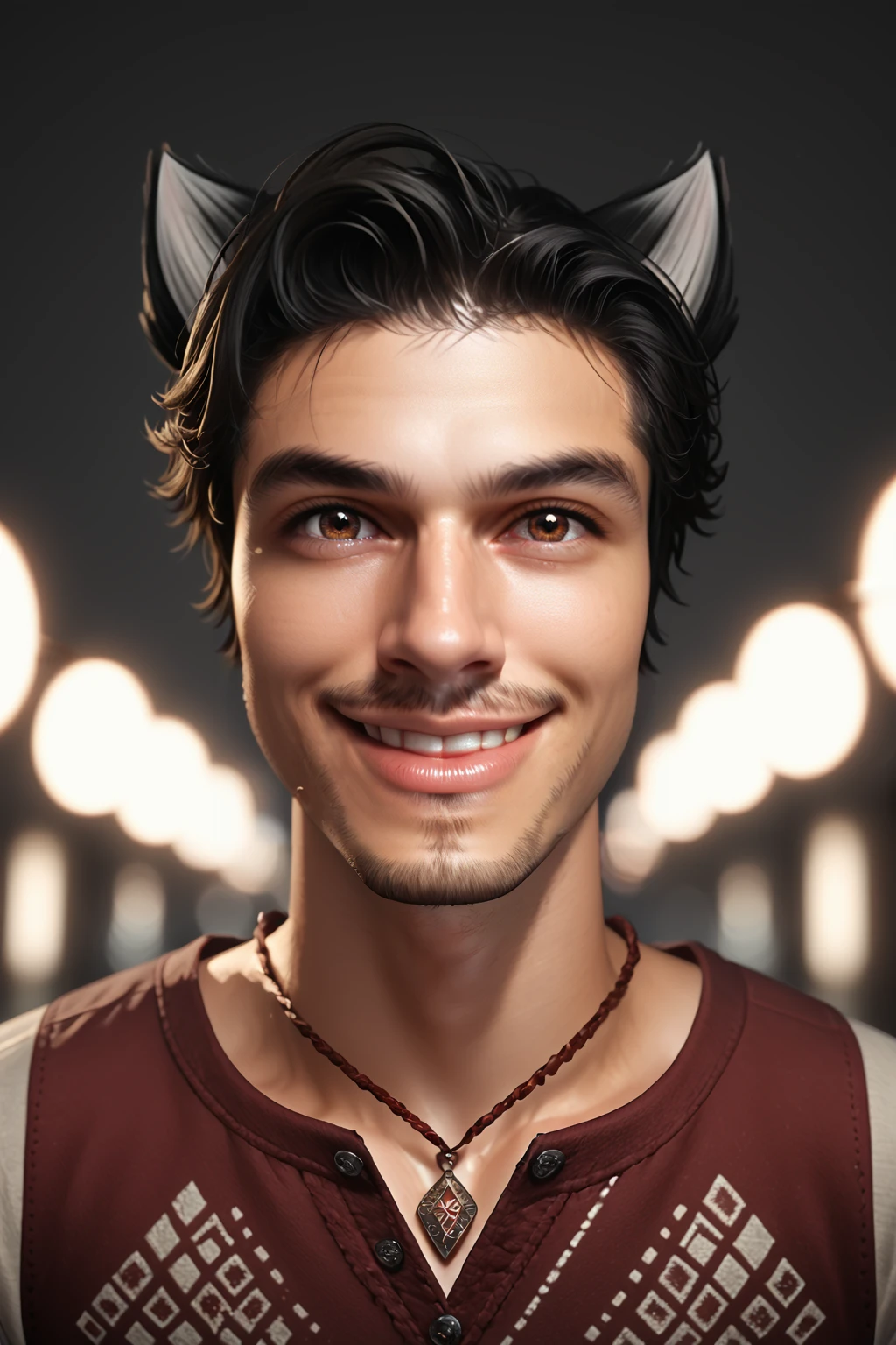 Liam David Kilkenny, solo, looking at viewer, smile, black hair, 1boy, animal ears, brown eyes, jewelry, male focus, cat ears, necklace, facial hair, PonyXLV6_Scores, DynaPortrait_PDXL, <lora:Liam_David_Kilkenny:0.8>