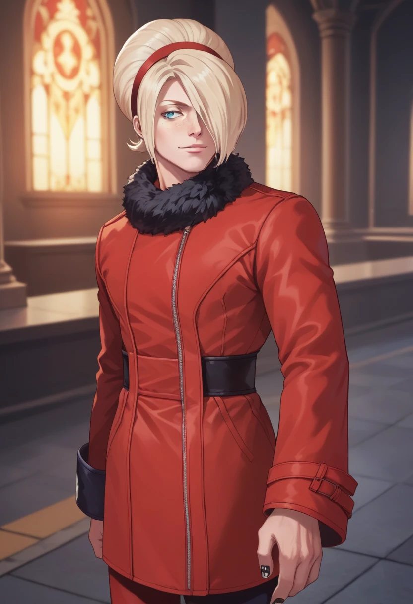 score_9, score_8_up, score_7_up, masterpiece, best quality, amazing quality, best aesthetic, ,absurdres, , male focus,ash_xv, blonde hair, blue eyes, red coat, red pants, freckless, hairband, black nails, black boots, fur trim, 1boy<lora:EMS-375515-EMS:1.000000>