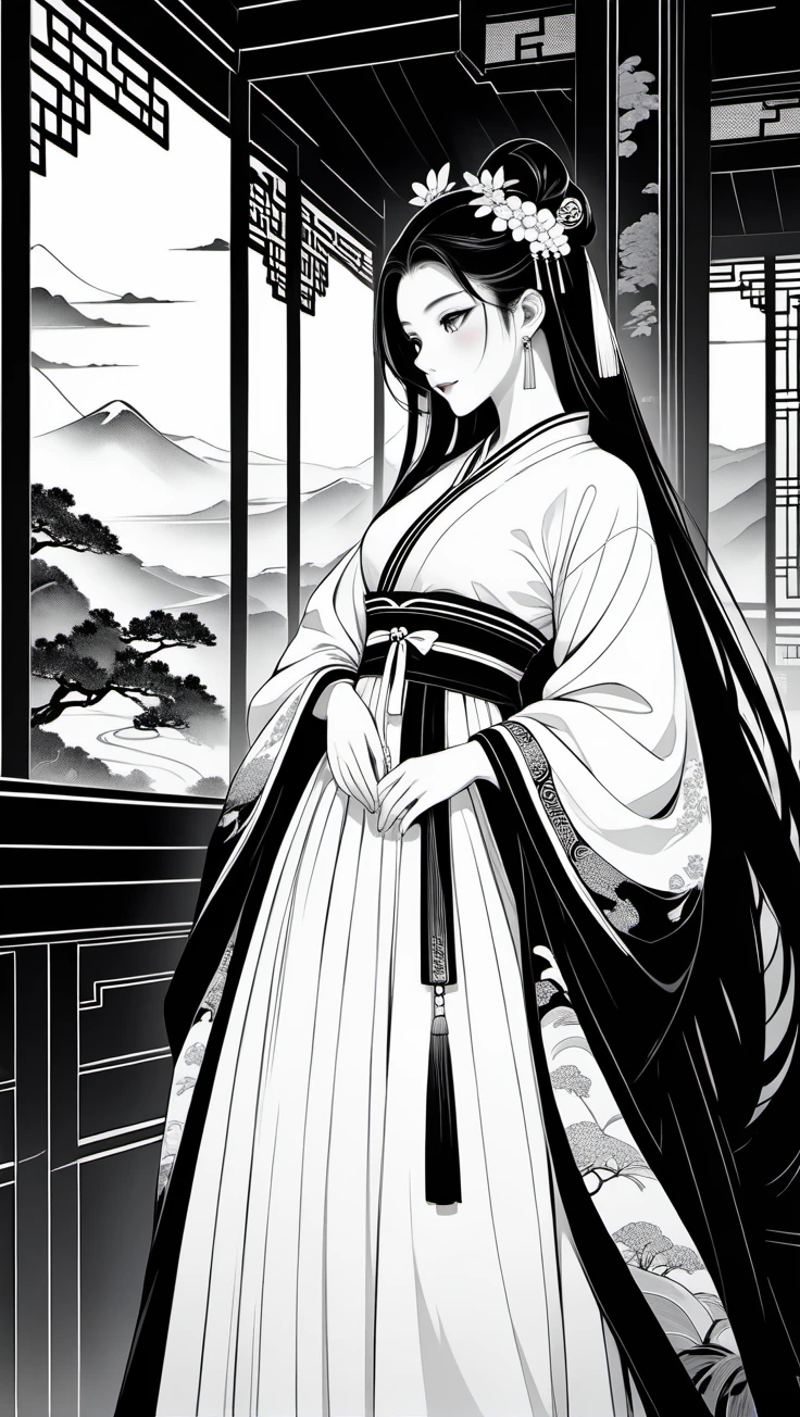 XCYP Chinese ink line drawing style,a girl in Hanfu,looking sideways at the audience,black and white line draft,black and white,monochrome. ultra-high resolutions,32K UHD,best quality,masterpiece,