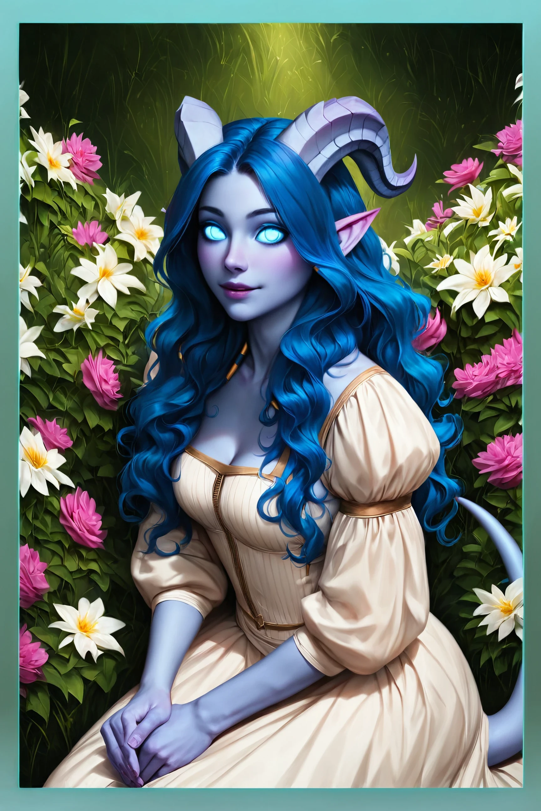 frame, <lora:frame_decoration:1>,
score_9, score_8_up, score_7_up, very aesthetic, 1girl, female draenei, cute, pretty, petite, blue hair, blue skin, long wavy hair, horns, medieval dress, sitting, flowers, ZIP2D, realistic drawing, best quality, high res, highly detailed, , perfecteyes, Negative,