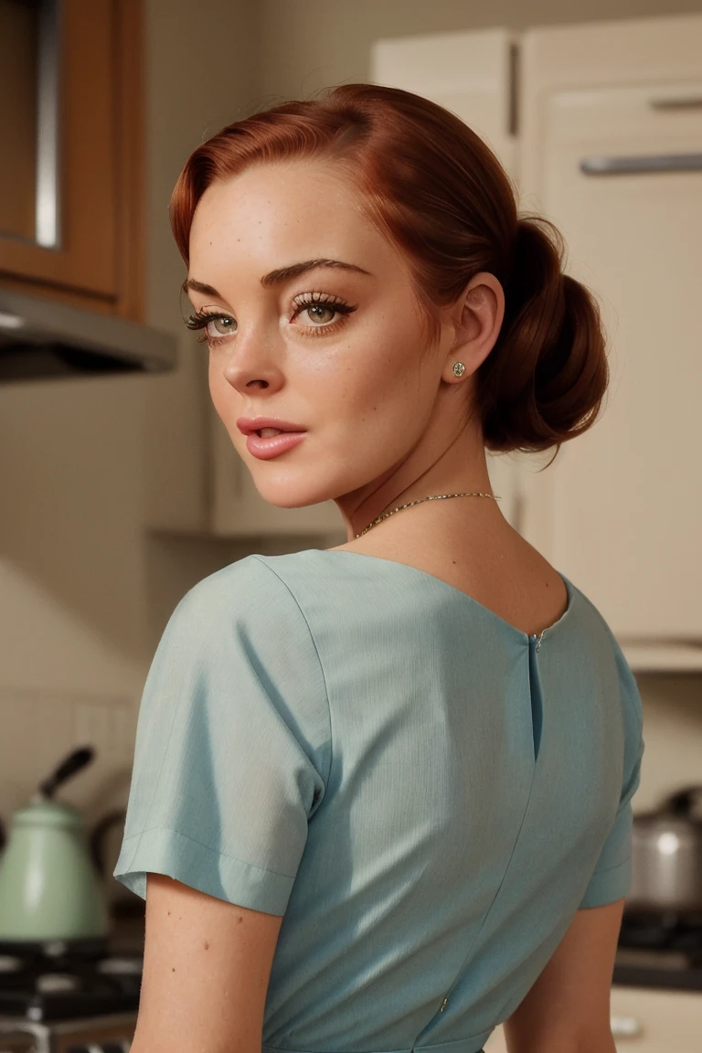 <lora:lindsaylohan-03:0.6>,lindsaylohan, (epic), ((detailed eyes, detailed face):1.2), , photo of a woman, ,beautiful photo, fashion portrait, kitchen, ((50s hair, 50s pinup dress, fifties hairstyle, hair up, hair tied back))