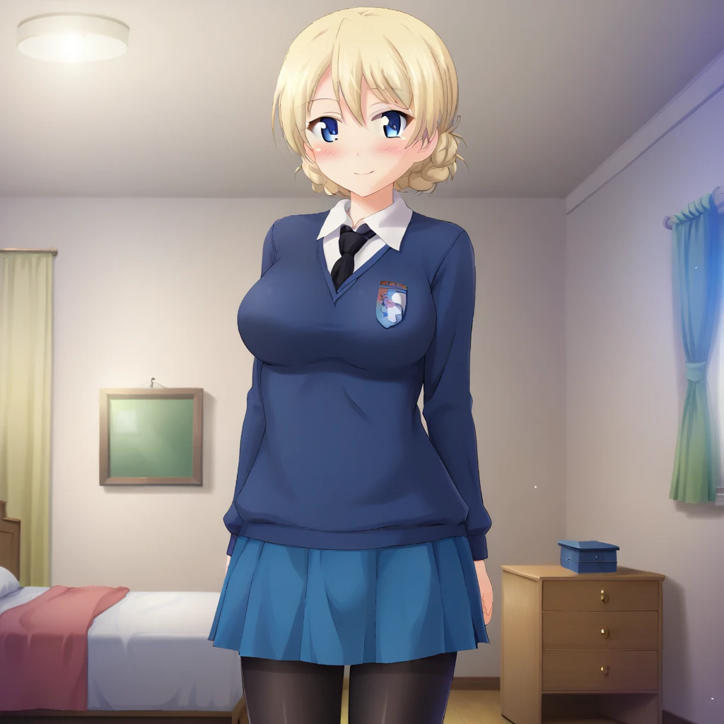 <lora:Darjeeling - Girls Und Panzer-000002:1>, DarjeelingGuP, 1girl, blonde hair, solo, blue eyes, breasts, braid, looking at viewer, standing, short hair, blush, smile, indoors, bedroom, evening, "school uniform, blue sweater, black necktie, white shirt, dress shirt, long sleeves, blue skirt, black pantyhose", arms at sides,