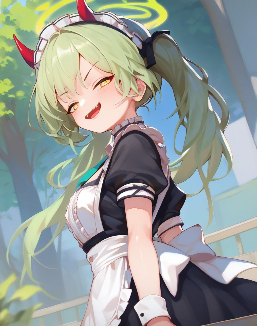 score_9, score_8_up, score_7_up,score_6_up, 1girl in a park, standing, dutch angle, black maid headdress, fake red horns, open mouth, nozomi from blue archive, green halo, green hair, yellow eyes, from side, twintails, smug, frilled_collar
<lora:villainchin_style_pony6_v1-000034:.8>