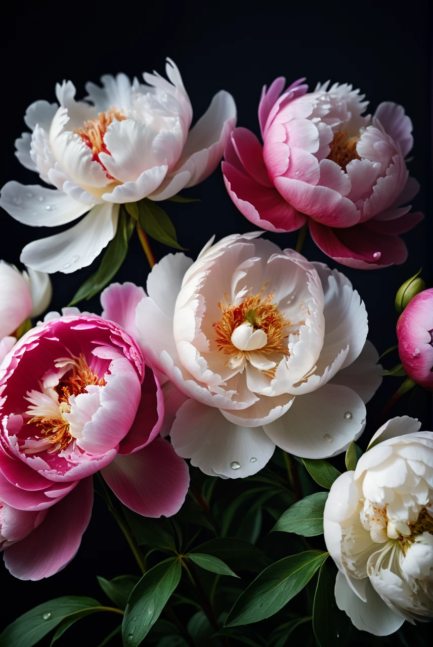 Documentary RAW Photography,showcase the beauty of white red pink peonies, water drops, cinematic shoot, full colour, ultrarealistic,, (sharpness in detail:1.1), masterpiece, 35mm photograph, (iconic photograph:1.4), (visual storytelling:1.2), film grain, award winning photography,vibrant use of light and shadow, high quality textures of materials, volumetric textures perfect composition, dynamic play of light, rich colors, epic shot, perfectly quality, natural textures,high detail, photoshadow, (natural colors, correct white balance, color correction, dehaze),(intricate detailed), 8k