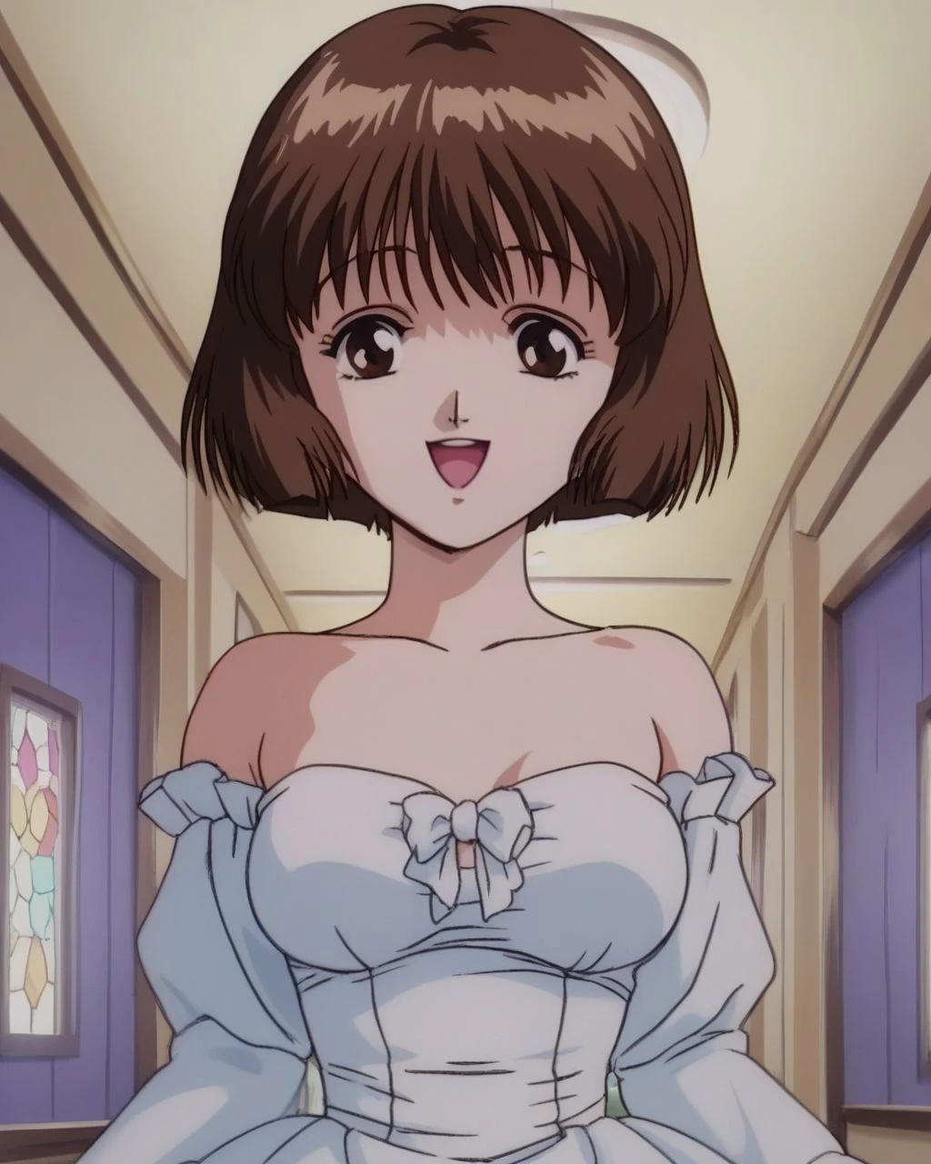 <lora:akemitakase_pny:0.8> akemitakase, 1gir, brown hair, short hair, bob cut, brown eyes, medium breasts, white frilled dress, skirt, bare shoulders, long sleeves, source_anime, anime screencap, 1990s \(style\), church, lights shafts, smile, looking at viewer, open mouth,, score_9, score_8_up, score_7_up, score_6_up, score_5_up, score_4_up, ponypositive,