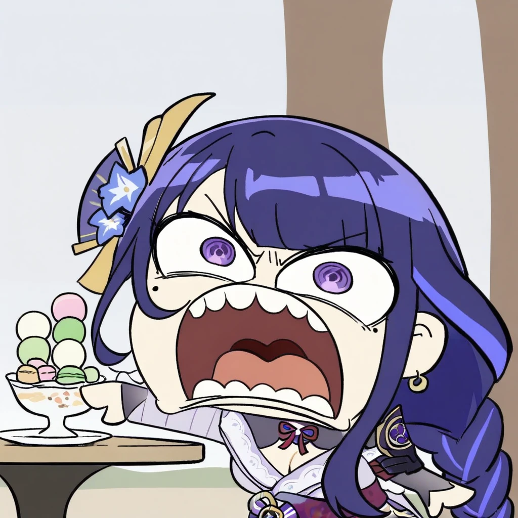 chibi, parody, open mouth, teeth,(masterpiece),(best quality),macaron, 1girl, food, wagashi, solo, raiden shogun, purple skirt, dango, sweater, purple eyes, braided ponytail, mole under eye, purple hair, skirt, pantyhose, ice cream, turtleneck, hair ornament, sitting, sanshoku dango, tomoe \(symbol\), breasts, jewelry, long hair, parfait, braid, looking at viewer, mitsudomoe \(shape\), sweets, holding, necklace, bangs, mole, ice cream cone, purple nails, earrings, purple jacket, long sleeves, open clothes, bag, turtleneck sweater, open jacket, off shoulder, black pantyhose, nail polish, jacket, outdoors, hair flower, day, cake, flower, large breasts, very long hair, alternate costume, ribbed sweater, table, dessert, chair, purple flower, sleeves past wrists, parted lips, open mouth, holding food, purple sweater, knees together feet apart, tree
