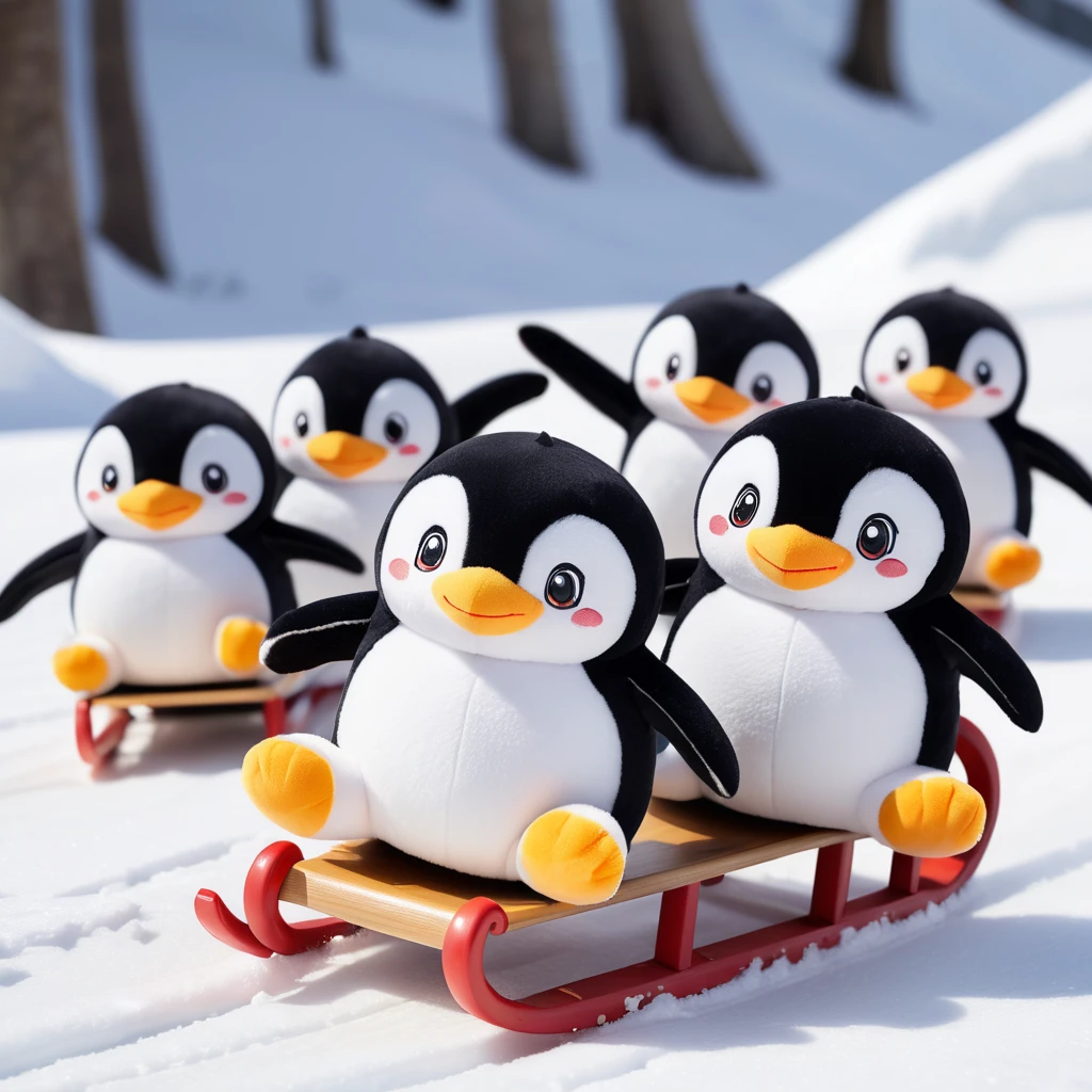 several penguins on a sled, sliding on the snow,
happy, cute, snow , snowing,
dynamic, motion blur,
<lora:woafu_plushify_sdxl_v02:0.8> plushify, character stuffed toy, chibi