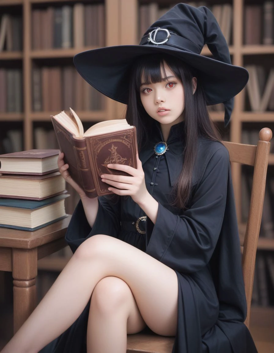 score_9, score_8_up, score_7_up, score_6_up, realistic eye,(realistic:1.2),(real:1.2),(photorealistic:1.1),red eyes,1girl, hat, book, solo, witch hat, blue eyes, sitting, holding, black hair, long hair, looking at viewer, holding book, black headwear, indoors, bangs, open book, wide sleeves, witch, long sleeves, cape, black cape, dress, bookshelf, jewelry, brooch, blurry, parted lips, chair, feet out of frame, blurry background, library, black dress, book stack, bare legs