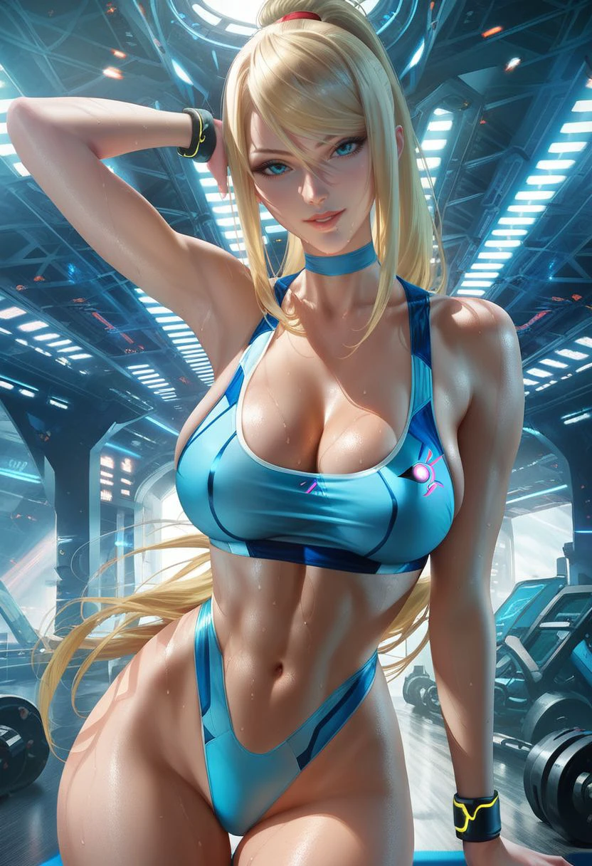 score_9, score_8_up, score_7_up, sakimichan, 1girl, samus aran, light smile, gym bikini, sweat, adjusting hair, sitting, cowboy shot, looking at viewer, inside gym.
