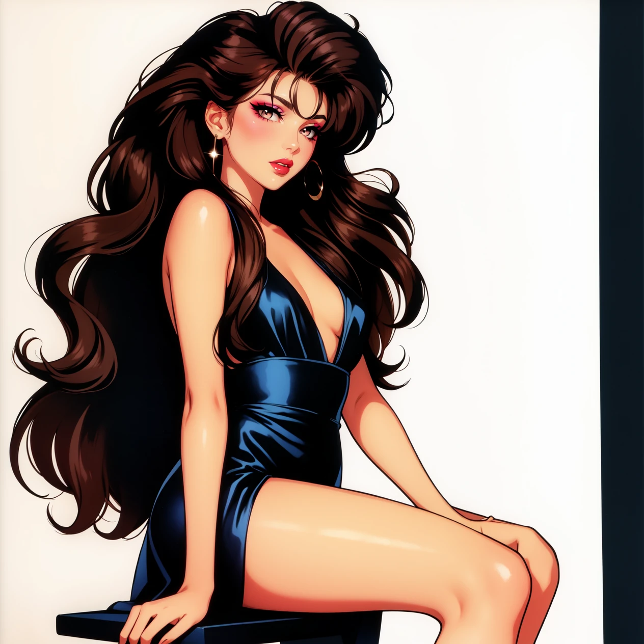 hud_am, 1girl, long big brown hair, makeup, lipstick, <lora:anamoll:0.8>, realistic, upper body, wearing dress, high heels, 1980s \(style\),