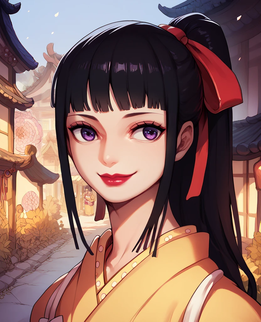 score_9,score_8_up,score_7_up,score_6_up,kikunojoxl,purple eyes,black hair,ponytail,bangs,kimono,village,smile,lipstick,red hair ribbon,
standing,
<lora:kikunojoxl:1>,