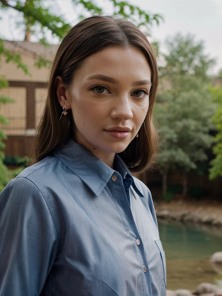 Realistic photo of a beautiful l1llyr43 woman,1girl, solo, long hair, looking at viewer, brown hair, shirt, jewelry, earrings, parted lips, collared shirt, blurry, lips, grey eyes, eyelashes, blurry background, blue shirt, portrait, realistic, looking at phone, professional Photography, Photorealistic, detailed, RAW, analog, sharp focus, high quality, film grain, masterpiece<lora:l1llyr43:1.0>