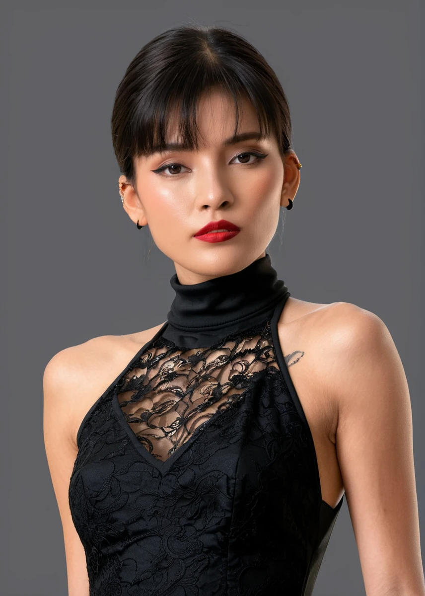 Character Design Sheet of captivating masterpiece of an woman with black hair in a ((((neckholder dress with turtleneck)))) ,long earrings, necklace, half body, The intricate lace and gold details exude a very rebellious aura. ((The use of high-shine gloss adds a touch of glamour to the look)), ((while the deep red and black hues give it a dramatic vibe)), blurred background, studio ligthing, facing camera, shallow depth of field, <lora:MS_Oopeve_V1_SDXL:0.8>, character reference sheet, character turn around