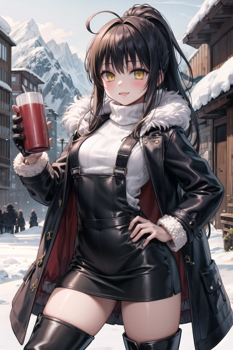 (masterpiece, best quality, beautiful and aesthetic:1.2), 1girl, solo,(soft skin:1.1),standing, cowboy shot,(detailed background), outside, snowstorm in the ice mountains, at dawn, winter clothes, (long overall coat:1.3), turtleneck sweater, (miniskirt:1.3), (long fur leggings:1.3),  (long leather boots:1.3), charming pose, seductive, smiling, yellow eyes, black hair, ponytail, ahoge,
<lora:nyamota-10v3:0.7:lbw=ALL>