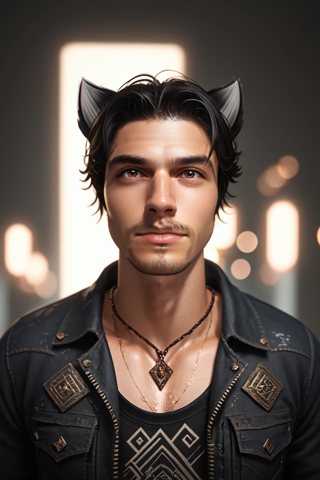 Liam David Kilkenny, solo, black hair, 1boy, animal ears, brown eyes, black jacket, jewelry, male focus, cat ears, necklace, facial hair, PonyXLV6_Scores, DynaPortrait_PDXL, <lora:Liam_David_Kilkenny:0.8>