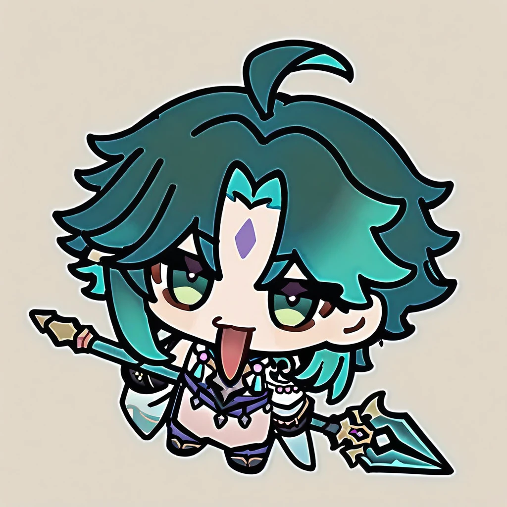 chibi, tongue out, long tongue, full body,(masterpiece),(best quality),1boy, solo, xiao \(genshin impact\), weapon, male focus, necklace, polearm, white background, jewelry, holding weapon, simple background, holding, smile, multicolored hair, bead necklace, green hair, full body, gloves, holding polearm, spear, asymmetrical clothes, tattoo, beads, ahoge, standing, closed mouth, bangs, detached sleeves, looking at viewer, facial mark, arm guards