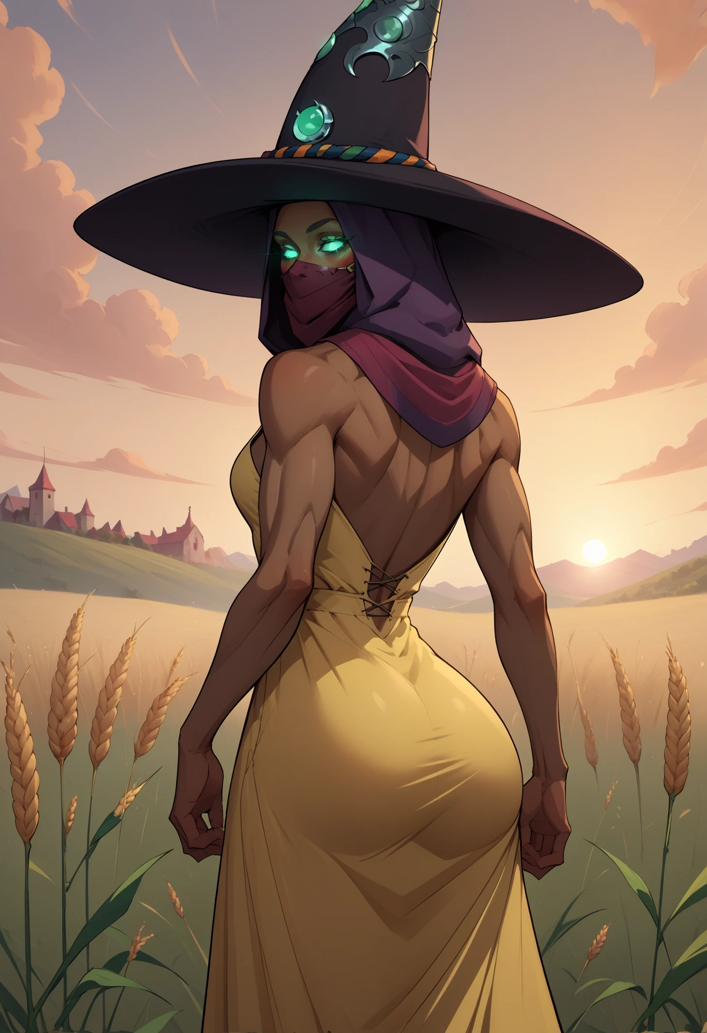 score_9, score_8_up, score_7_up, BREAK 1girl, solo, hecate, dark skin, green eyes, glowing eyes, medium breasts, <lora:HecatePDXL_V1-Manityro-CAME:1.0>, mask, covered mouth, witch hat, hood up, outdoors, wheat field, sunset,
looking at viewer, looking back, blush, rear view, toned,
yellow sundress,