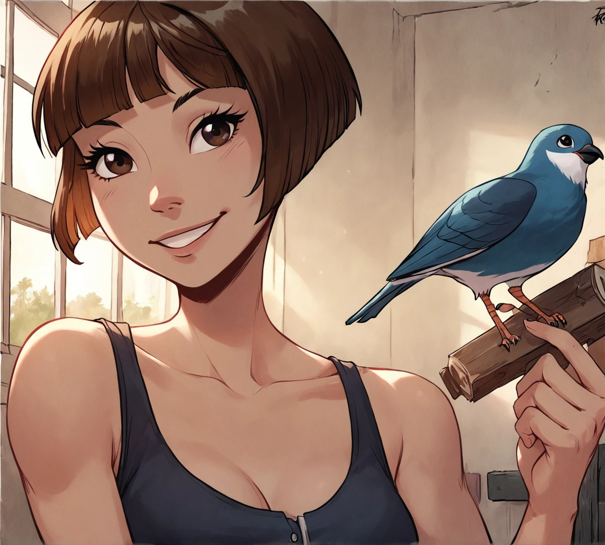 Paz, short hair, bob cut, zPDXL, best quality, amazing quality, score 9, 1girl, bird, holding, indoors, smile, <lora:Paz:1>