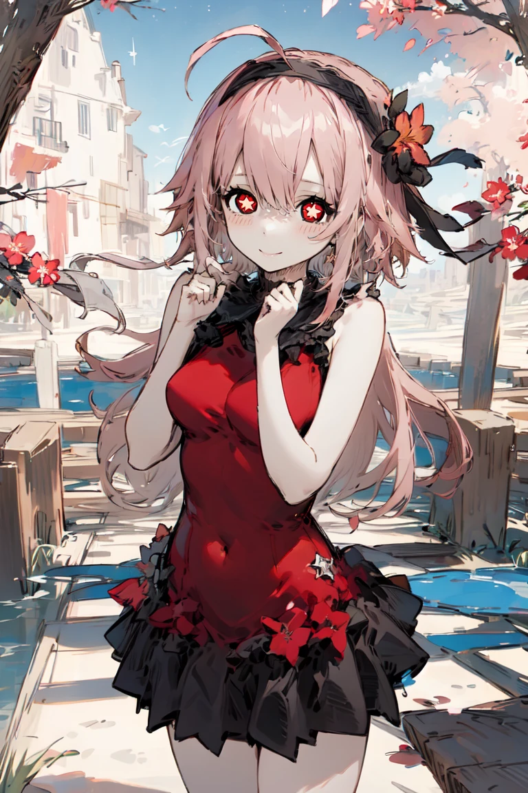 masterpiece, best quality, bs_style, 1girl, solo, prickett, star-shaped pupils, huge ahoge, smile, hair ornament, hairband, hair flower, red dress, black skirt, looking at viewer, cowboy shot, on the snow-covered bridge, winter wonderland, (frosty:1.2), (enchanted:1.1), river, trees, cold, ice, footprints, solitude <lora:prickett_ver1:0.8> <lora:bs_style:0.5>