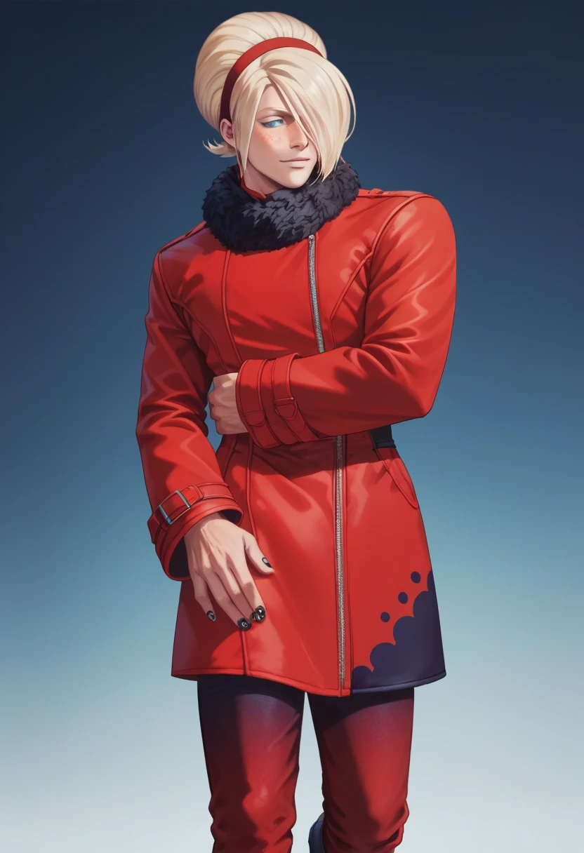 score_9, score_8_up, score_7_up, masterpiece, best quality, amazing quality, best aesthetic, ,absurdres, , male focus,ash_xv, blonde hair, blue eyes, red coat, red pants, freckless, hairband, black nails, black boots, fur trim, 1boy<lora:EMS-375515-EMS:1.000000>