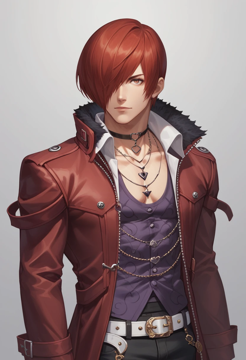 score_9, score_8_up, score_7_up, masterpiece, best quality, amazing quality, best aesthetic, ,absurdres, cute, iori_xiv, red hair, red eyes, chocker, black pants, red coat, white shoes, belt, collar, furm trim, purple shirt, solo<lora:EMS-375520-EMS:1.000000>