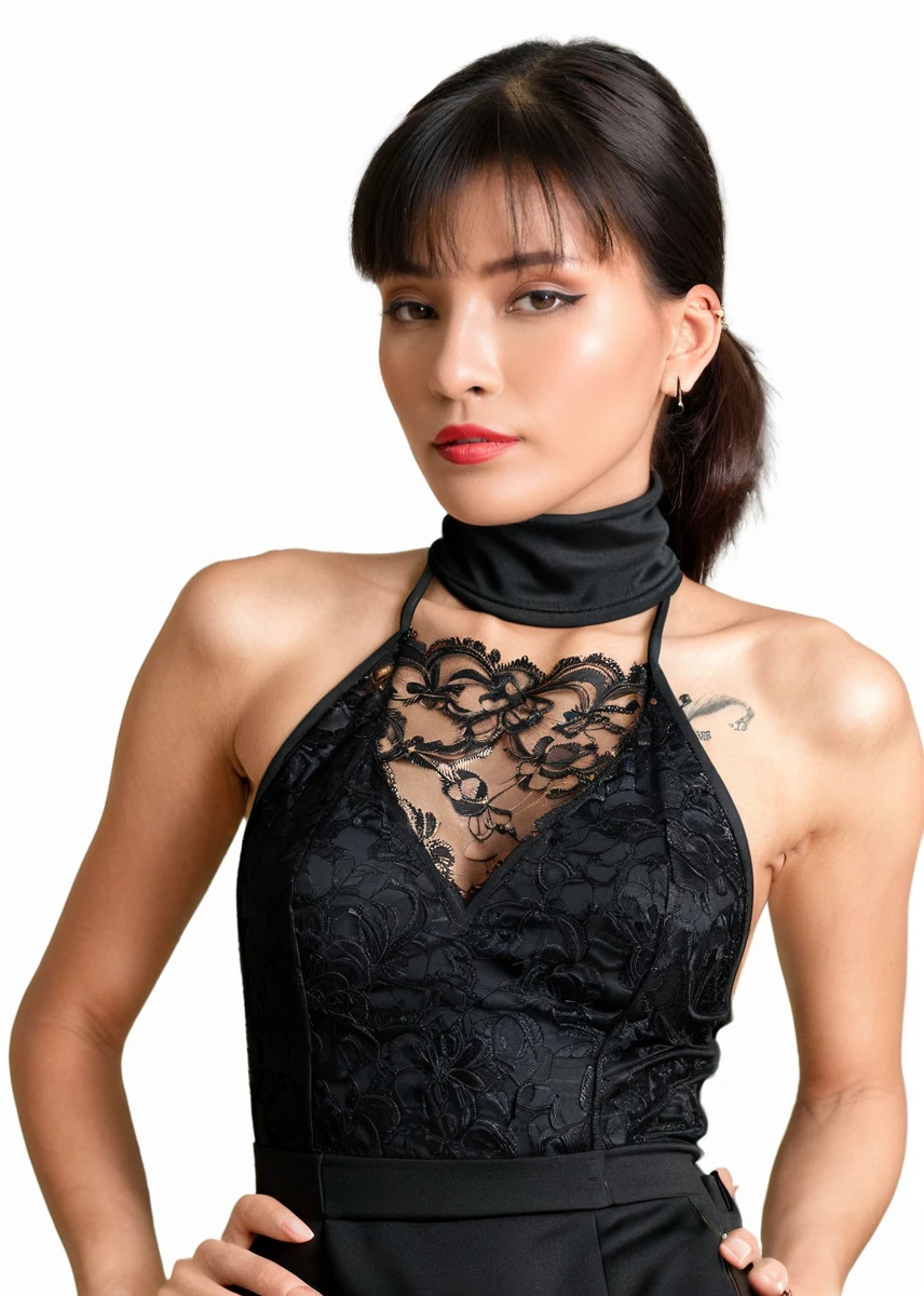 real estate photography style, captivating masterpiece of an woman with black hair in a ((((neckholder dress with turtleneck)))) ,long earrings, necklace, half body, The intricate lace and gold details exude a very rebellious aura. ((The use of high-shine gloss adds a touch of glamour to the look)), ((while the deep red and black hues give it a dramatic vibe)), blurred background, studio ligthing, facing camera, shallow depth of field, <lora:MS_Oopeve_V1_SDXL:0.8>, professional, inviting, well-lit, high-resolution, property-focused, commercial, highly detailed,