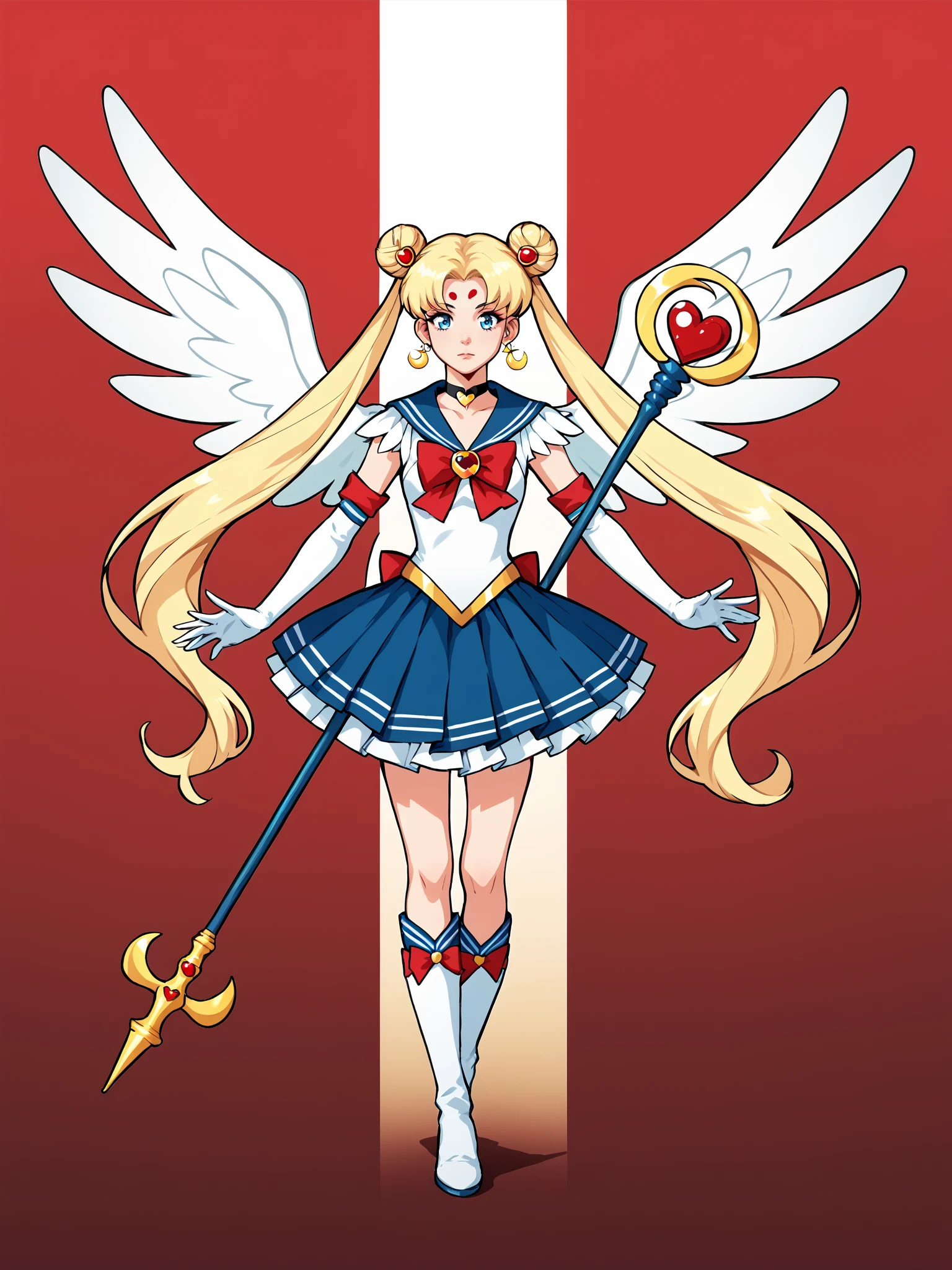 1girl, blonde hair, blue eyes, sailor collar, boots, brooch, choker, closed mouth, crescent, crescent earrings, crescent facial mark, double bun, earrings, elbow gloves, facial mark, forehead mark, gloves, hair bun, hair ornament, heart brooch, heart choker, holding, holding staff, holding wand, jewelry, knee boots, layered skirt, long hair, looking at viewer, magical girl, miniskirt, multicolored clothes, multicolored skirt, parted bangs, sailor collar, sailor senshi uniform, skirt, solo, staff, twintails, very long hair, white footwear, white gloves, white wings, wings, BREAK GradientRBB_PDXL, BREAK, PonyXLV6_Scores