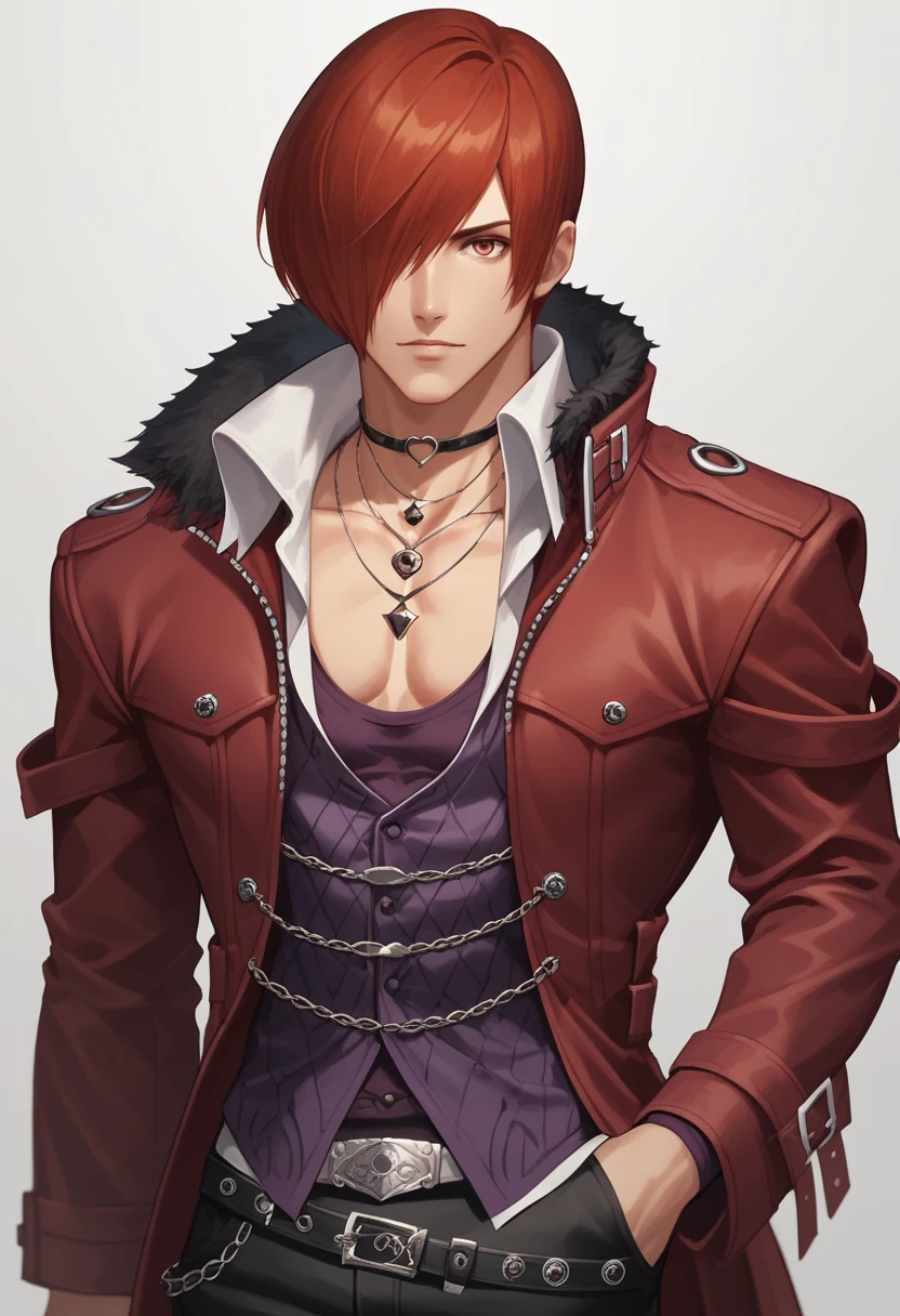 score_9, score_8_up, score_7_up, masterpiece, best quality, amazing quality, best aesthetic, ,absurdres, cute, iori_xiv, red hair, red eyes, chocker, black pants, red coat, white shoes, belt, collar, furm trim, purple shirt, solo<lora:EMS-375520-EMS:1.000000>