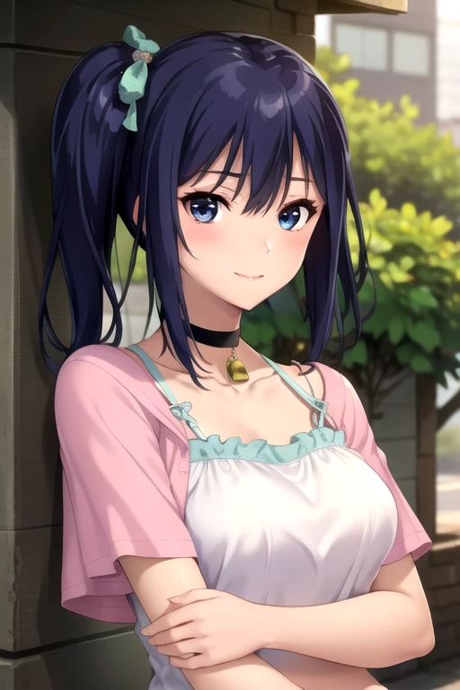 ((masterpiece)),(best quality),official art,extremely delicate and beautiful,extremely detailed CG,unity 8k wallpaper,ultra detailed,beautiful detailed eyes,extremely detailed face,outdoors,1girl,solo,upper body,(portrait:1.5),looking at viewer,facing viewer,smile,Takasaki Miho,long hair,blue hair,side ponytail,hair ribbon,hair bow,aqua bow,sidelocks,hair between eyes,bangs,blue eyes,collarbone,choker,jewelry,bell,cropped jacket,pink jacket,short sleeves,medium breasts,camisole,white shirt,denim shorts,shorts rolled up,white socks,high heel boots,<lora:Takasaki Miho(oin)-Remake>,