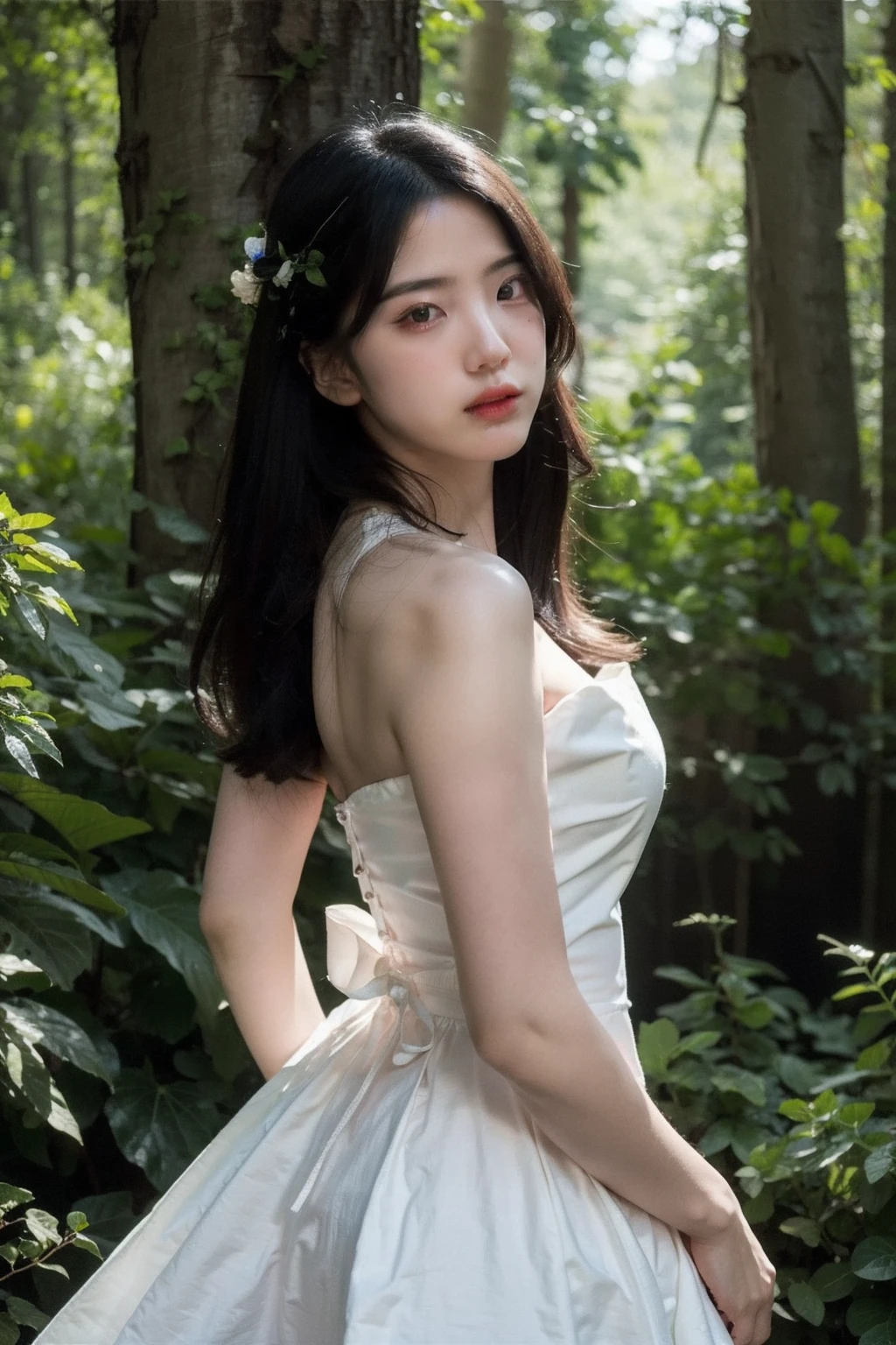 (realistic), (hyperrealism),best quality, masterpiece,ultra high res, (photorealistic:1.4),1girl,pale skin,skinny,(looking at viewer:2),forest, flowers, sunlight,
<lora:makina69_kimeunbyul_v1.0:1> , black wedding dress , bare shoulders, cowboy shoot,