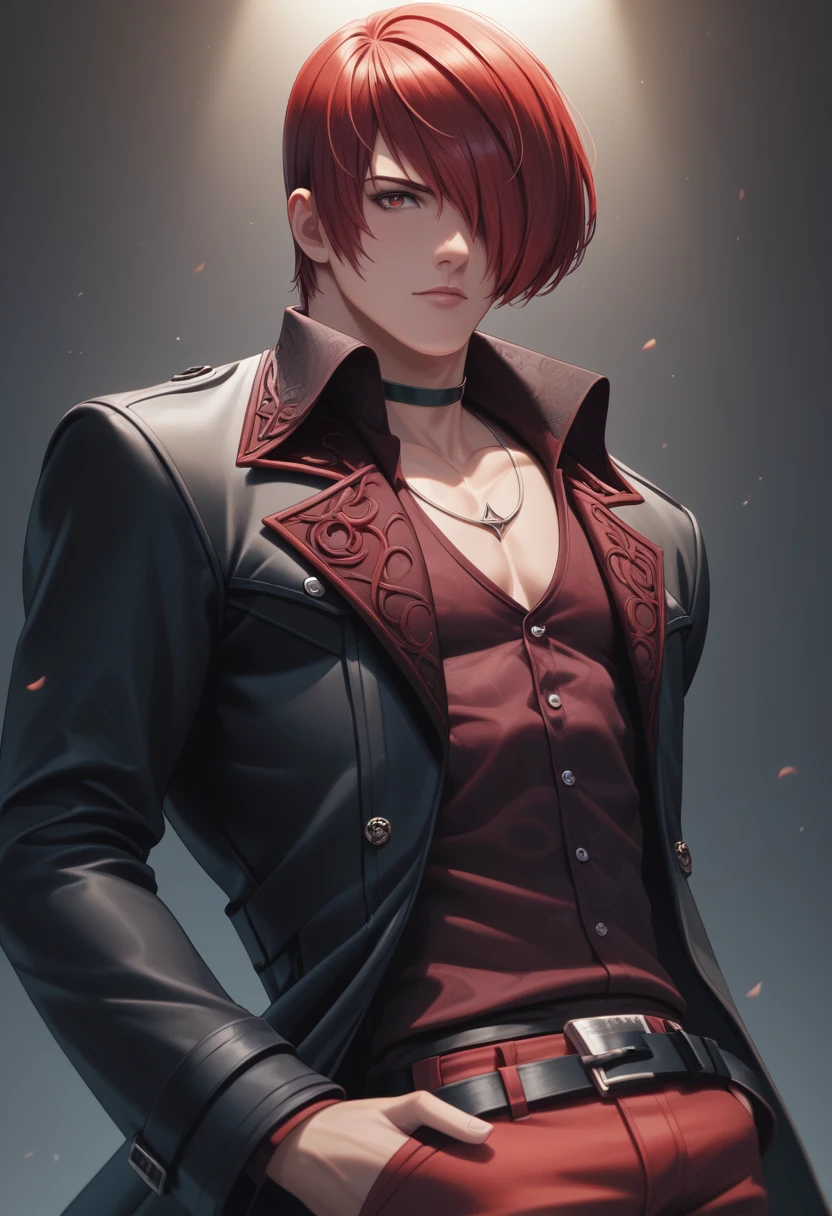 score_9, score_8_up, score_7_up, masterpiece, best quality, amazing quality, best aesthetic, ,absurdres, cute, iori_xv, red hair, red eyes, chocker, black coat, black shoes, belt, red shirt, JEWELRY, red pants<lora:EMS-375520-EMS:1.000000>