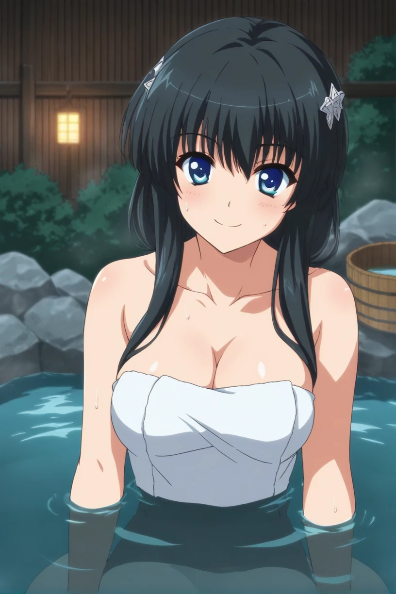 (masterpiece, best quality, high resolution, 8k:1.2), (anime), Asagi, (beautifully detailed eyes:1.2), highly detailed face, Long Hair,Blue Hair, Hair between the eyes,Thin, Side Lock, Purple eyes, View your viewers,((White bath towel,hot spring,Sitting,blush)), muscle, Intricate details, Cinema Lighting, One girl, Cowboy shot, Dynamic pose, smirk