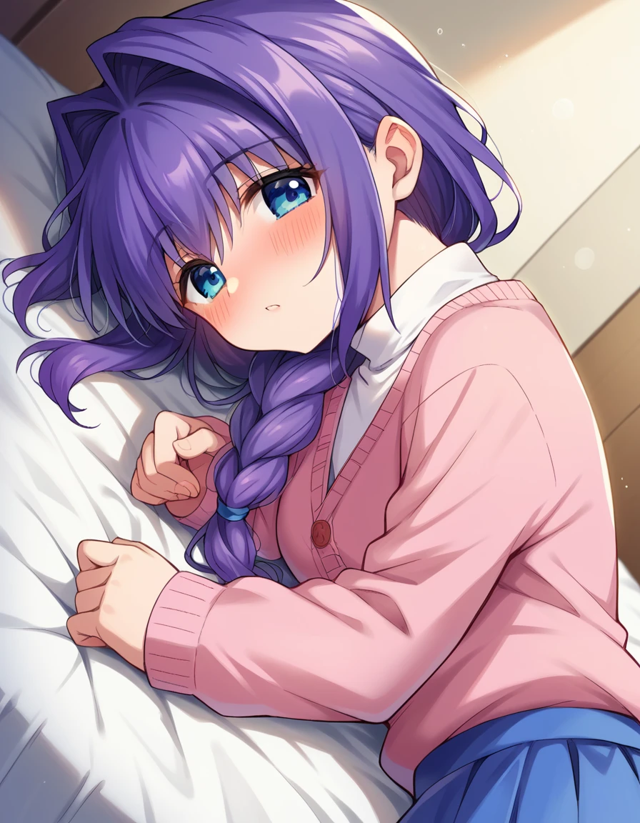 score_9, score_8_up, score_7_up, source_anime,
akikominase, <lora:akiko-minase-ponyxl-lora-nochekaiser:1>,
akiko minase, braid, braided ponytail, hair intakes, hair over shoulder, long hair, single braid, purple hair, blue eyes,
cardigan, long sleeves, pink cardigan, long sleeves, turtleneck, shirt, white shirt, skirt, blue skirt,
indoors, bed, bed room, on side, blush, drunk,
solo, looking at viewer, cowboy shot, dutch angle,