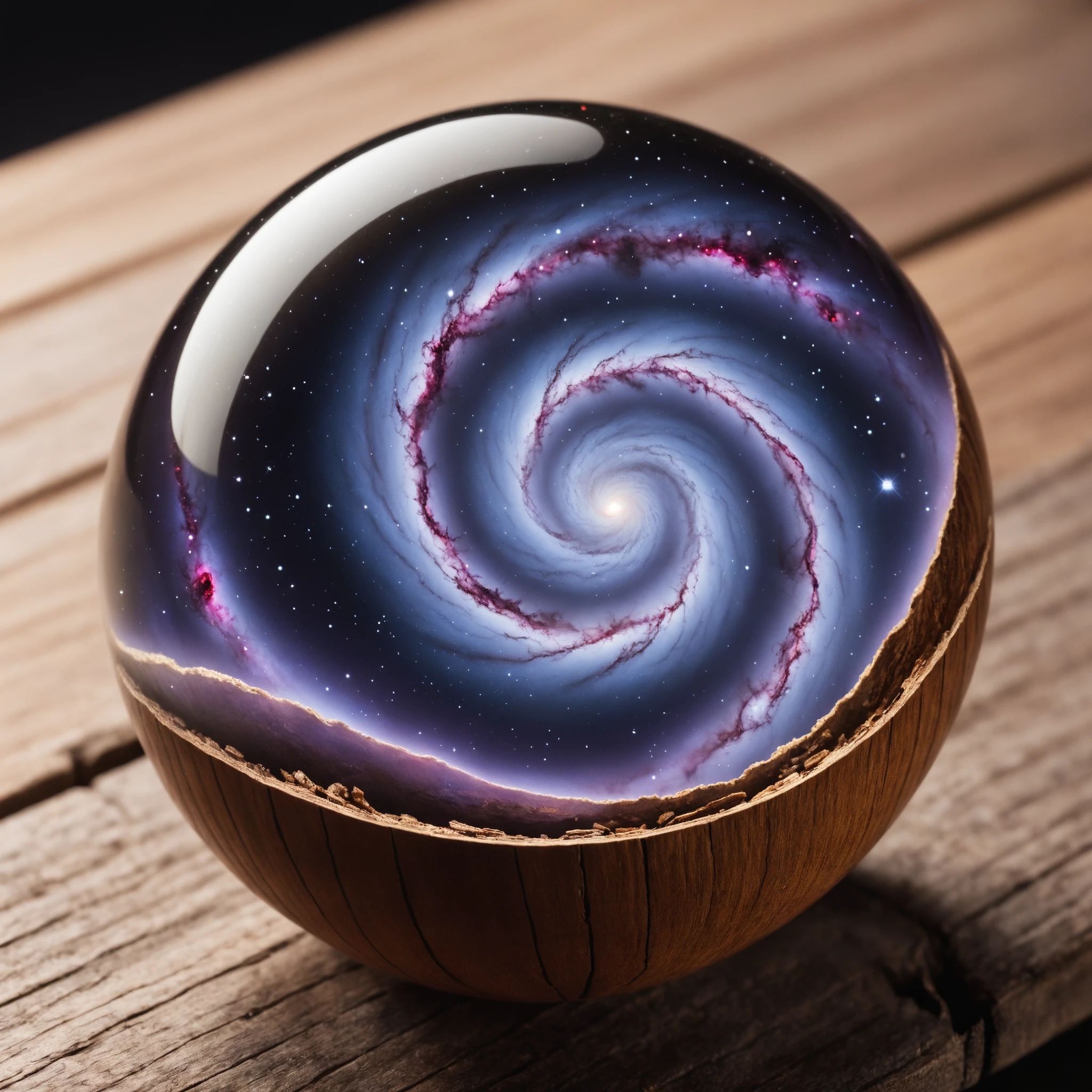 photo, closeup, an galaxy inside a nutshell, on a wooden table