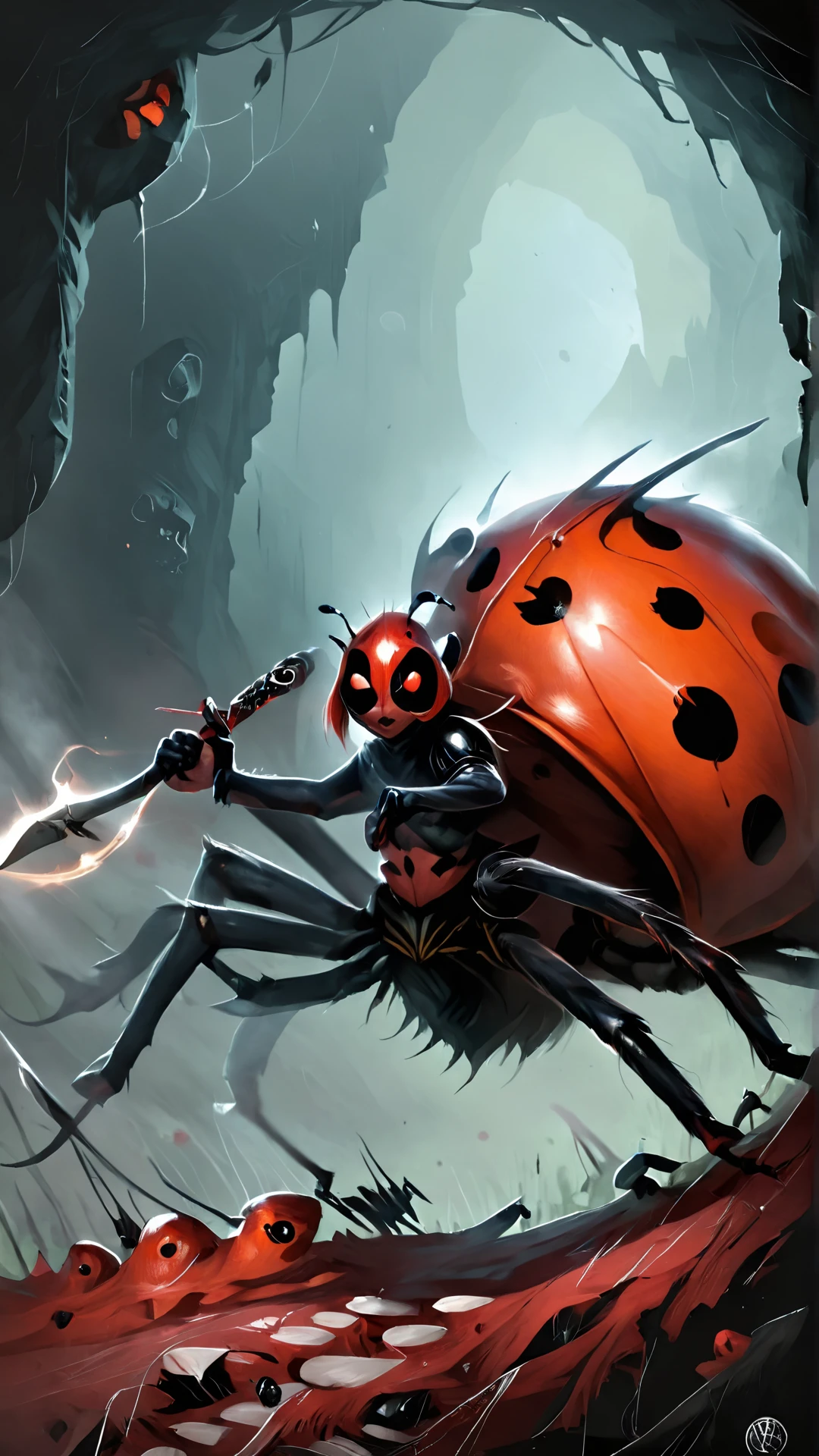 <lora:4r4chn1dXL:1.0>4r4chn1d, digital art, arachnid character, Ladybug inspired, holding a weapon, in singing hills
