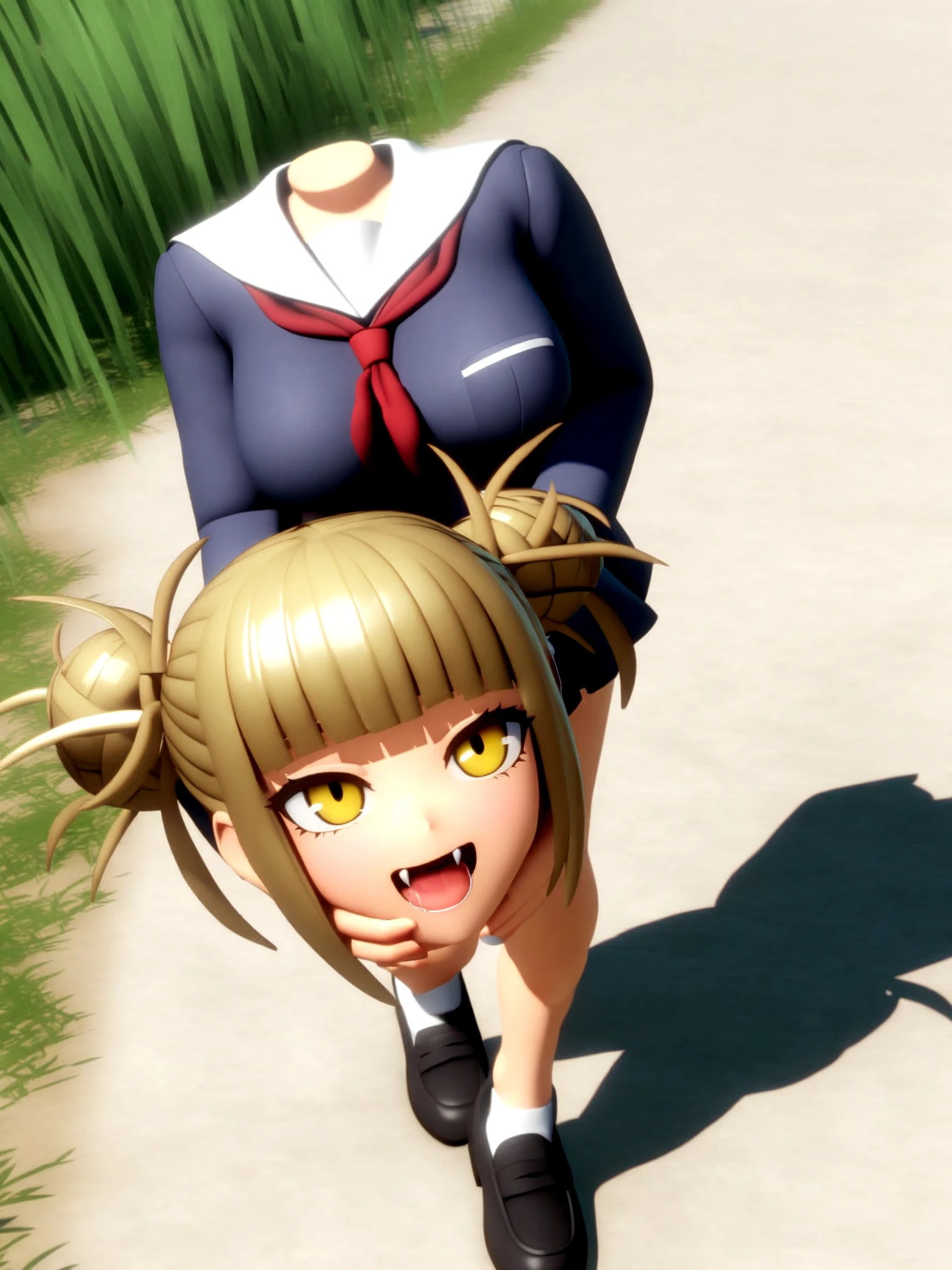 girl ,disembodied head,headless,solo,himiko toga,school uniform,miniskirt, selfie, from above,walking,on gras,smug,fangs,saliva,medium breasts,black shoes,looking up,3d anime, <lora:xlDadapt_disembodied_v:2>