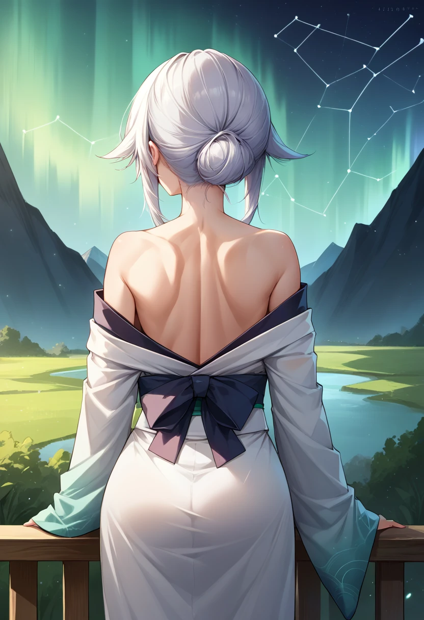 score_9, score_8_up, source_anime, 1girl, solo, BlackHeart, aurora, back, bare back, bare shoulders, constellation, from behind, kimono, light particles, long sleeves, off shoulder, <lora:ChamBlackHeartPonyXL:1>