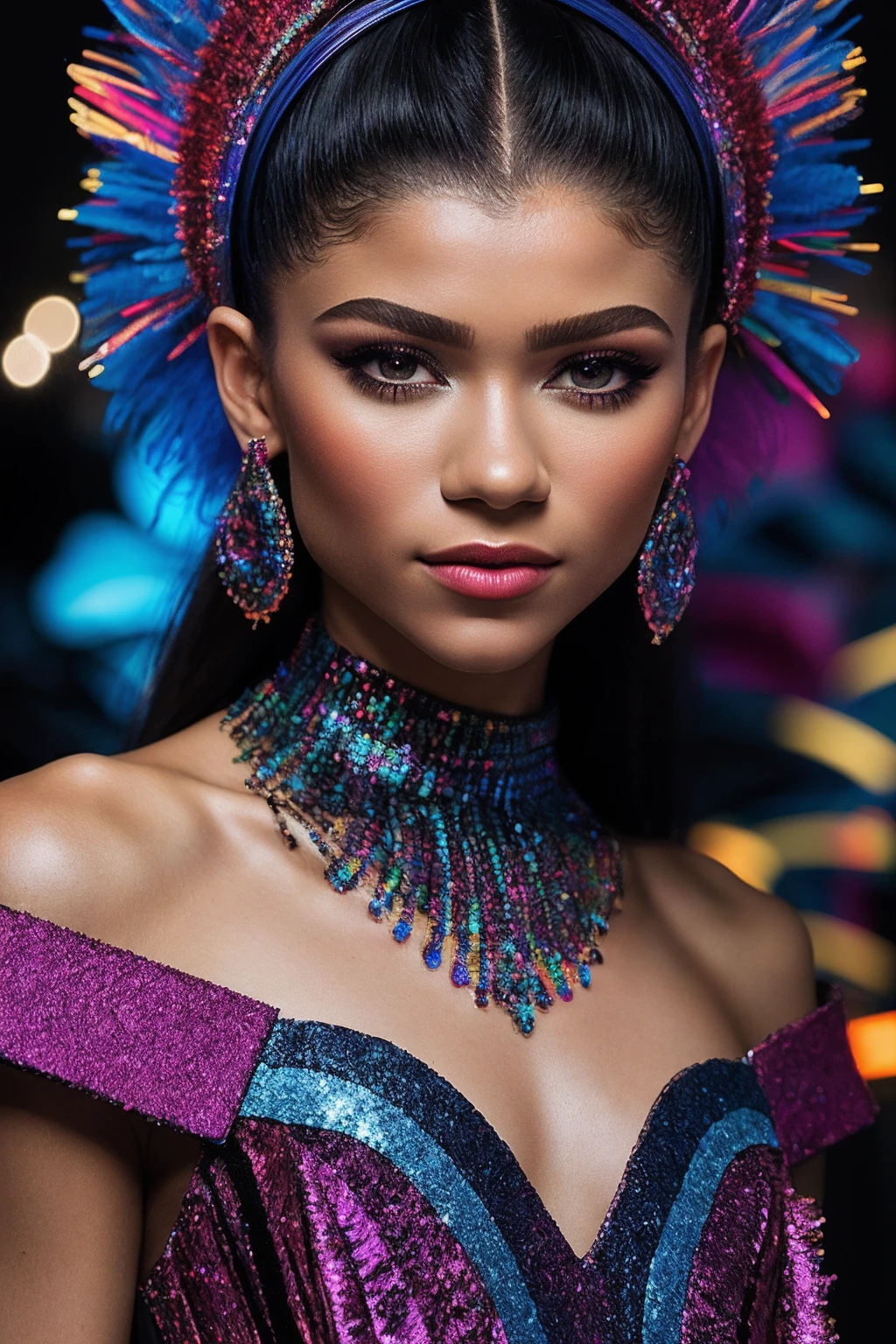 Zendaya_SoloTI_v1,
(A vibrant kaleidoscope of colors, with a flowing asymmetrical dress adorned with sequins and feathers, for a mesmerizing and captivating visual feast:1.1), ((In a contemporary art gallery, with avant-garde installations and interactive displays, as lights dance and reflections create a world of wonder:1.2)), (seductive), photorealistic, masterpiece, high quality, artistic, unique, award winning photograph, professional, 8k, RAW photo, best quality,flattering, (cinematic:1.3),, PA7_Portrait-MCU,