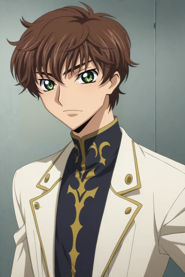 score_9, score_8_up, score_7_up, source_anime, rating_safe, intricate details, semi-realistic, looking at viewer, , 1boy, solo, male focus, <lora:suzaku_kururugi_pony:0.84>, suzaku_kururugi, brown hair, green eyes, upper body, death valley, noon, pointing, sparkling eyes, suit jacket, tam, <lora:sdxl_lightning_8step_lora:1>