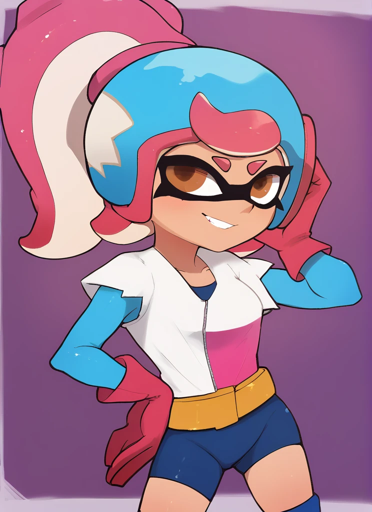 <lora:tukada_style:1>,tukada_style , by tukada , splatoon ,, score_9, score_8_up, score_7_up, BREAK, 1girl, YOUNG, <lora:brawlstars_janet_ponyXL:1.0> ,bsjanet, ponytail , helmet, multicolored clothes, blue leotard, long sleeves, red gloves, belt , SMILE ,