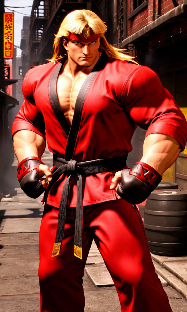 a man in an alley, ken masters, blonde hair,  red gi ,black belt,   best quality, looking at viewer,  <lora:sf6sdxl:1>, sf6sdxl, karate stance,   game cg,  bangs, long hair,