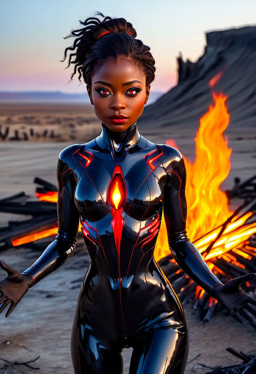 (masterpiece), best quality, expressive eyes, perfect face, highest quality, (masterpiece), best quality, expressive very dark brown skin, 1girl,  small breasts, hair up, black plugsuit with red accent, outstretched arms towards viewer, holding fire in hands showing viewer, glowing red eyes, in a barren wasteland, shocked expression