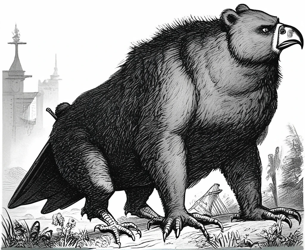 score_9, score_8_up, score_7_up, score_6_up, score_5_up, score_4_up, rating_safe,art by llbreton,monochrome,greyscale,a creature with the head of an eagle and the body of a bear,beak,claws,fur,monster focus,no humans,outdoors,<lora:LLBretonPony:1>