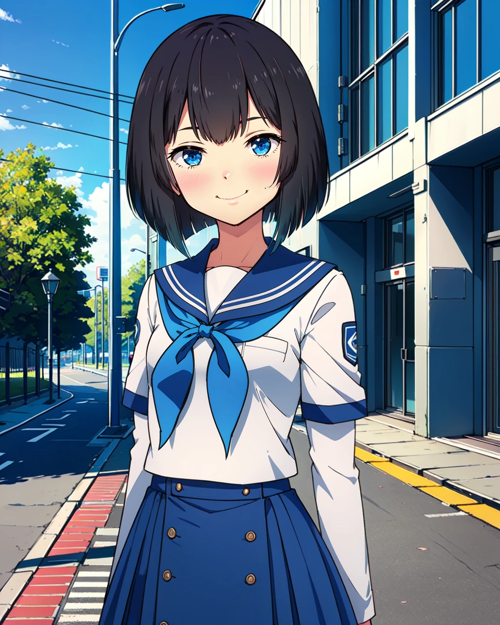 masterpiece, high quality, 1girl, mgrckirinosae, medium shot, upper body, detailed, blue eyes, black hair, white with blue shirt, blue bowtie, long sleeves, blue with white buttoned skirt, outdoors, light smile, city, street, day, hands behind back, <lora:mgrckirinosae-07:0.75>